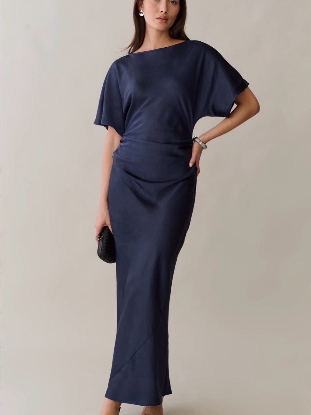 Opt Wren dress- Sleek Navy Satin Draped Maxi Dress - Women